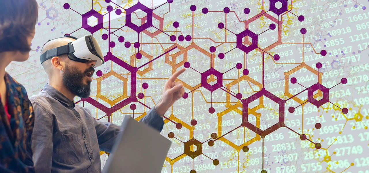 A man wearing a VR headset points towards abstract hexagonal patterns and symbolizing digital interaction and data analysis.